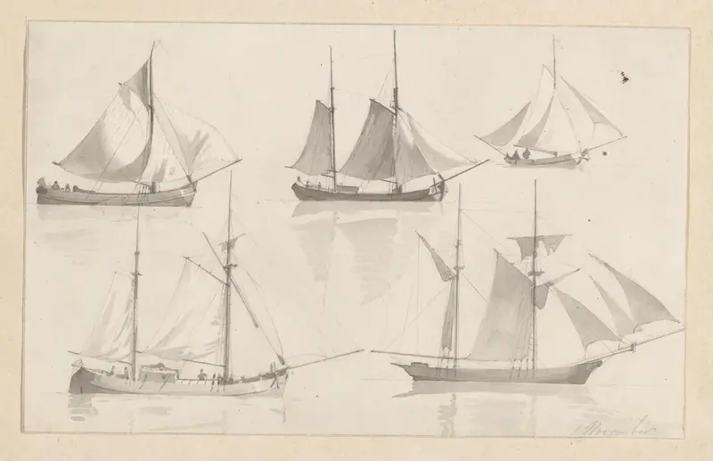 Schetsblad met vijf zeilschepen Wall Art by Hendrik Abraham Klinkhamer - High-Resolution Digital Print
