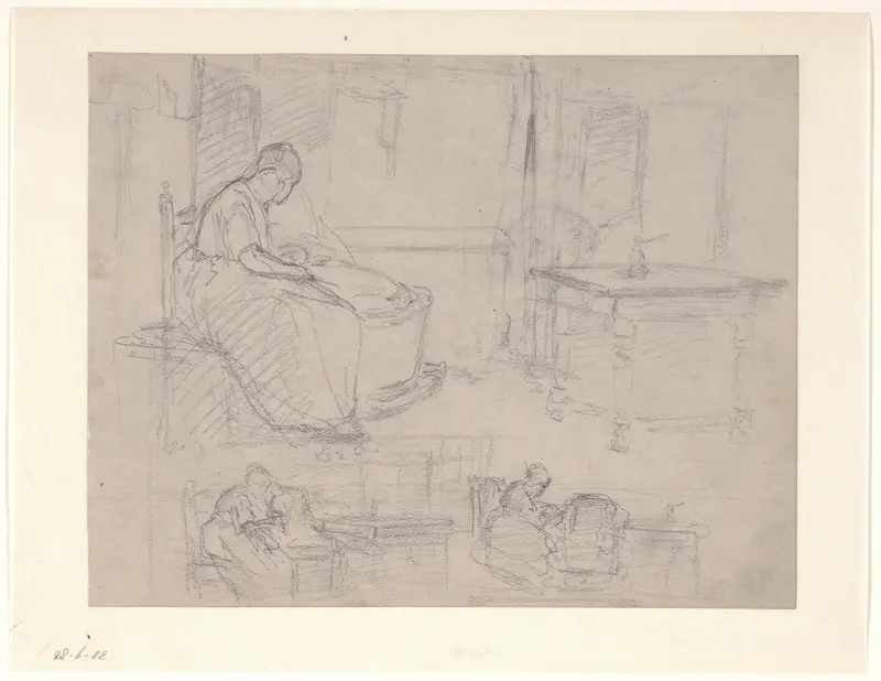 Schetsblad met vrouw bij een wieg Wall Art by Hendrik Valkenburg - High-Resolution Digital Print