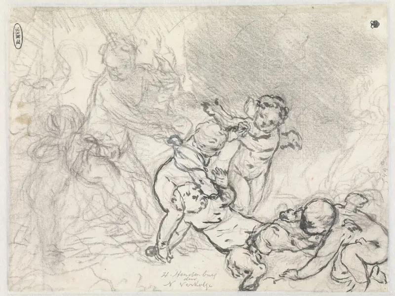 Schetsblad met vrouw en putti Wall Art by Nicolaas Verkolje - High-Resolution Digital Print