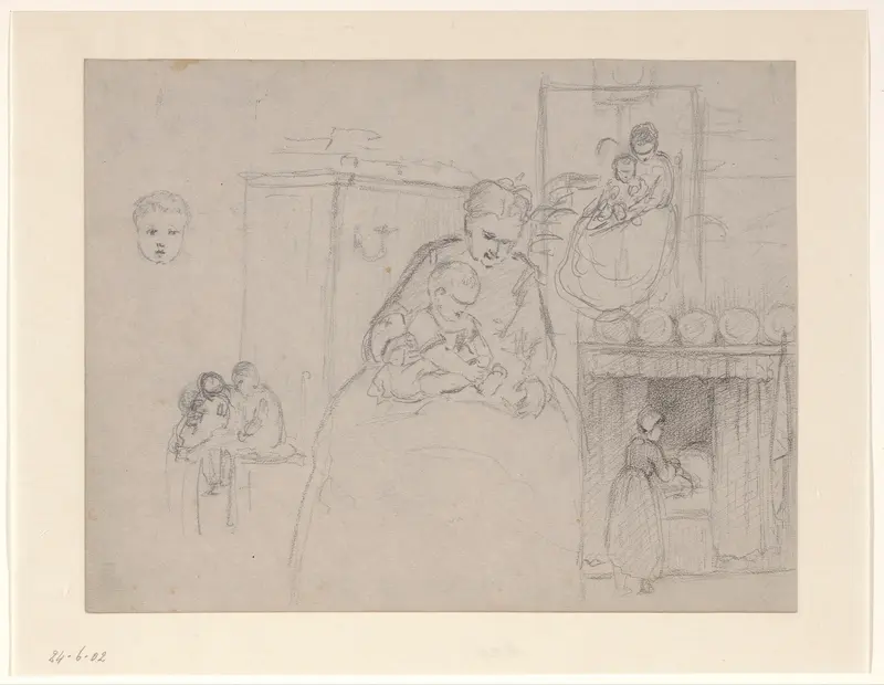 Schetsblad met vrouw met kind en meisje bij bedstede Wall Art by Hendrik Valkenburg - High-Resolution Digital Print