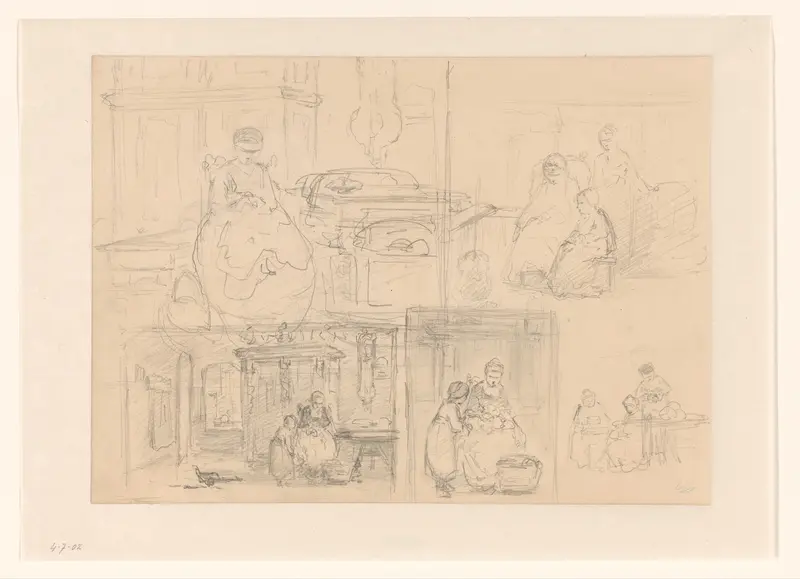 Schetsblad met vrouwen en kinderen Wall Art by Hendrik Valkenburg - High-Resolution Digital Print