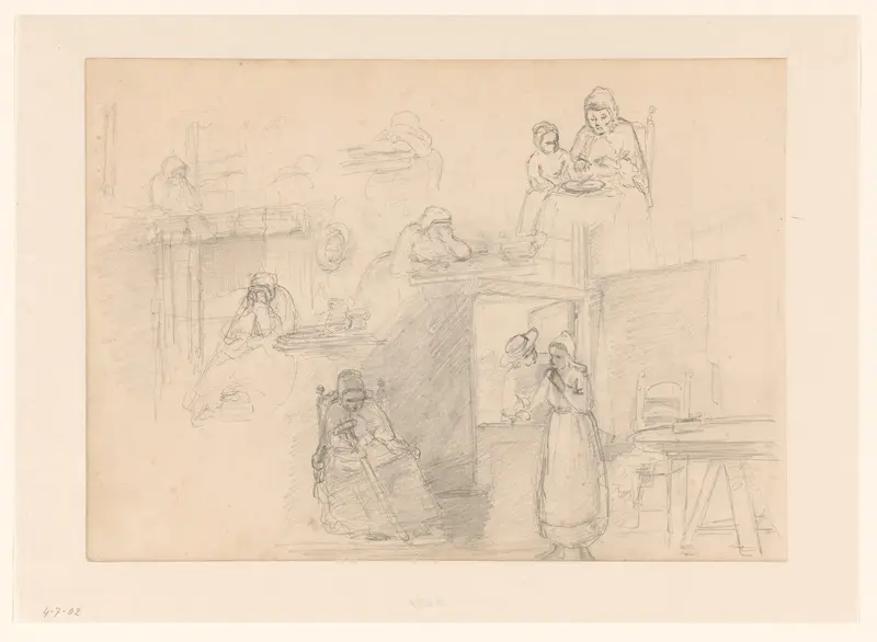 Schetsblad met wenende oudjes en een meisje met haar vrijer Wall Art by Hendrik Valkenburg - High-Resolution Digital Print