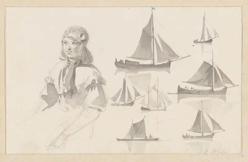 Schetsblad met zittende vrouw en zeilschepen Wall Art by Hendrik Abraham Klinkhamer - High-Resolution Digital Print