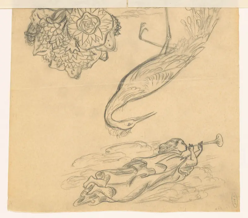 Schetsblad met zwevende vrouw met trompet, een reiger en een mand met bloemen Wall Art by Leo Gestel - High-Resolution Digital Print