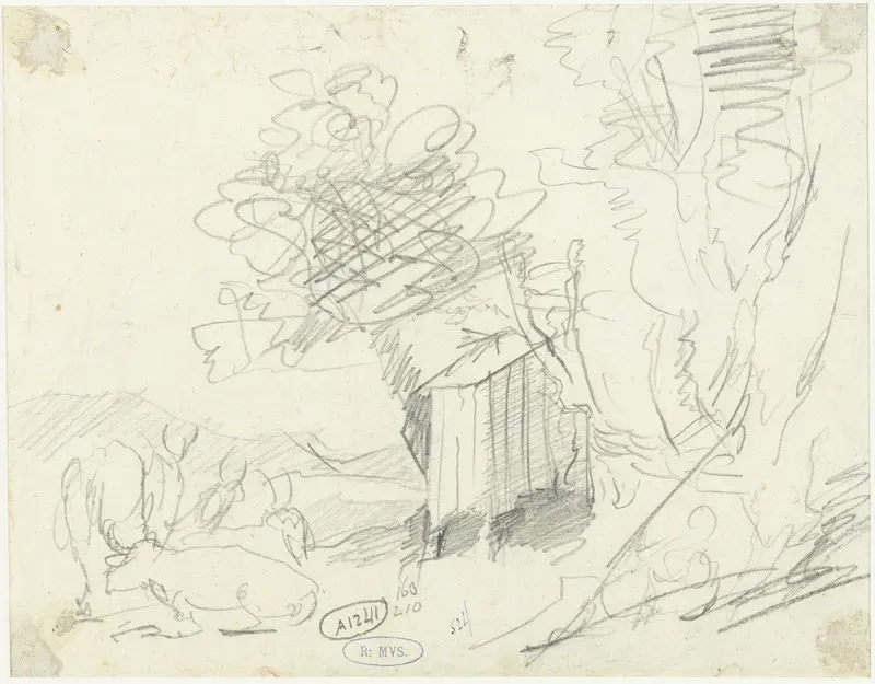 Schetsen van bomen, vee en een hut Wall Art by Unknown - High-Resolution Digital Print