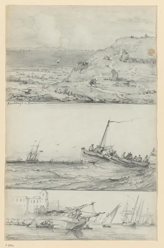 Schetsen van de ruïnes van Carthago, een zeegezicht en een scheepswerf te Tunis Wall Art by Willem Anthonie van Deventer - High-Resolution Digital Print