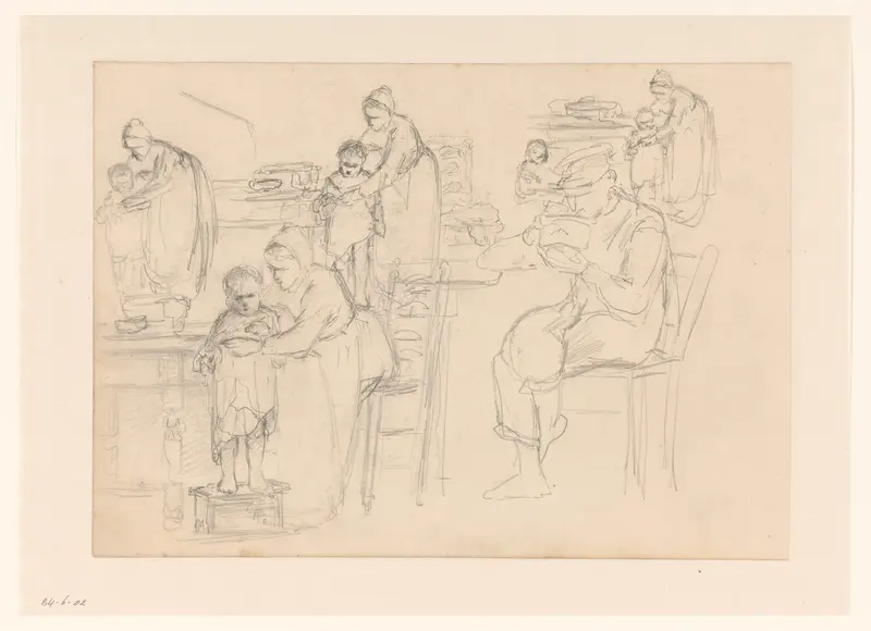 Schetsen van een moeder die haar kind aankleed en een drinkende jongeman Wall Art by Hendrik Valkenburg - High-Resolution Digital Print