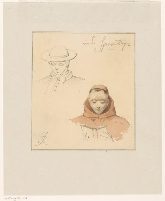 Schetsen van een pastoor en een monnik, die leest in een boek, van de reis van 1864