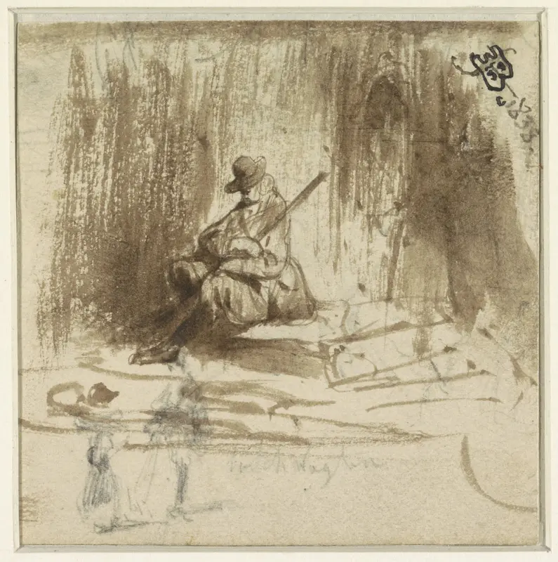 Schetsen van een zittende man en twee staande figuurtjes Wall Art by Eugène François de Block - High-Resolution Digital Print
