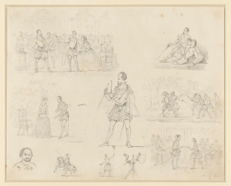 Schetsen van figuren in Spaans kostuum Wall Art by Alexander Ver Huell - High-Resolution Digital Print
