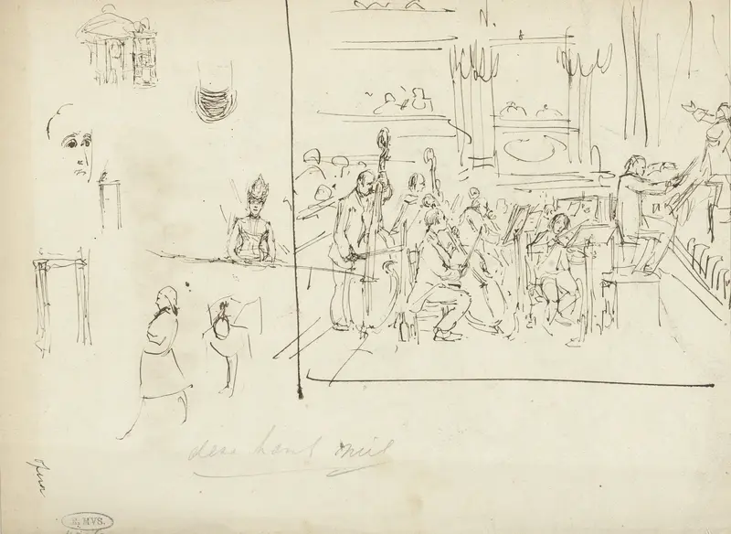 Schetsen van het orkest en enkele toeschouwers in de schouwburg Wall Art by Marius Bauer - High-Resolution Digital Print