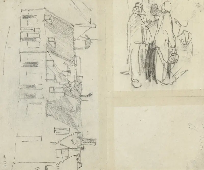 Schetsen van huizen en een groep mensen Wall Art by George Hendrik Breitner - High-Resolution Digital Print