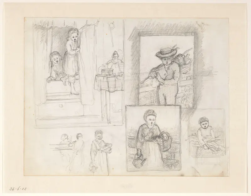 Schetsen van kinderen op Sinterklaas-ochtend; jongen en meisje met een mand Wall Art by Hendrik Valkenburg - High-Resolution Digital Print