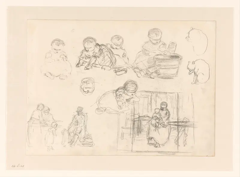 Schetsen van kleine kinderen, moeder met kind en een kat Wall Art by Hendrik Valkenburg - High-Resolution Digital Print