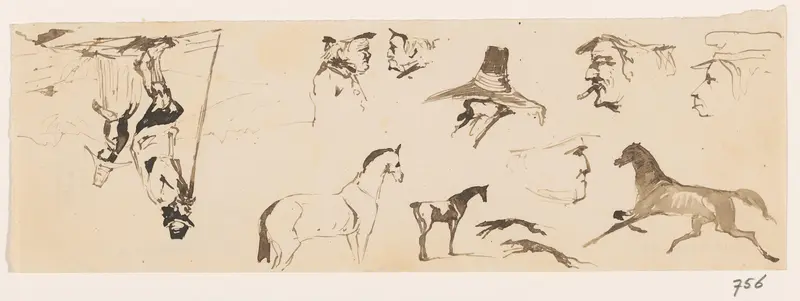 Schetsen van paarden, koppen en een man leunend op een stok Wall Art by Unknown - High-Resolution Digital Print