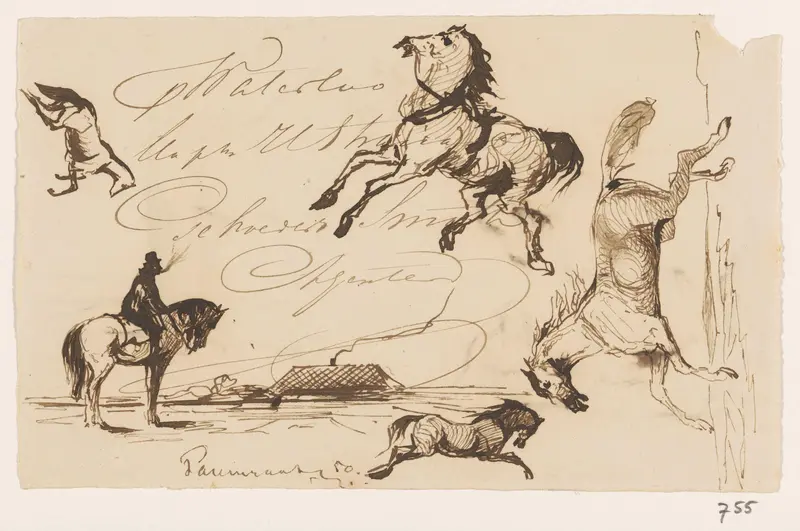 Schetsen van paarden, ruiter en landschap met boerderij Wall Art by Unknown - High-Resolution Digital Print