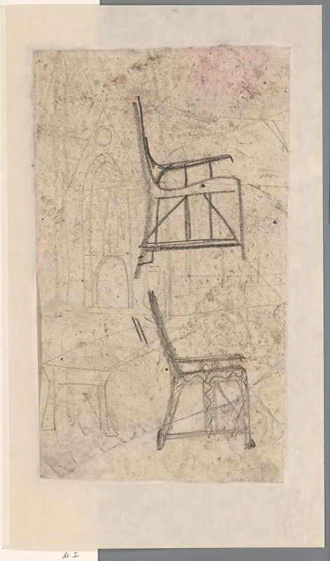 Schetsen van stoelen, een tafel en de gevel van een kerk Wall Art by Carel Adolph Lion Cachet - High-Resolution Digital Print