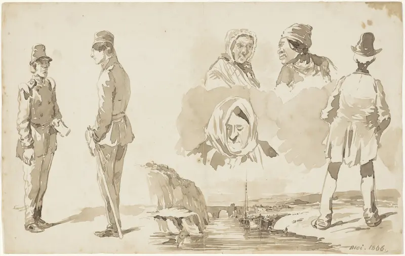 Schetsen van twee soldaten, andere figuren en een landschap Wall Art by Pieter van Loon - High-Resolution Digital Print