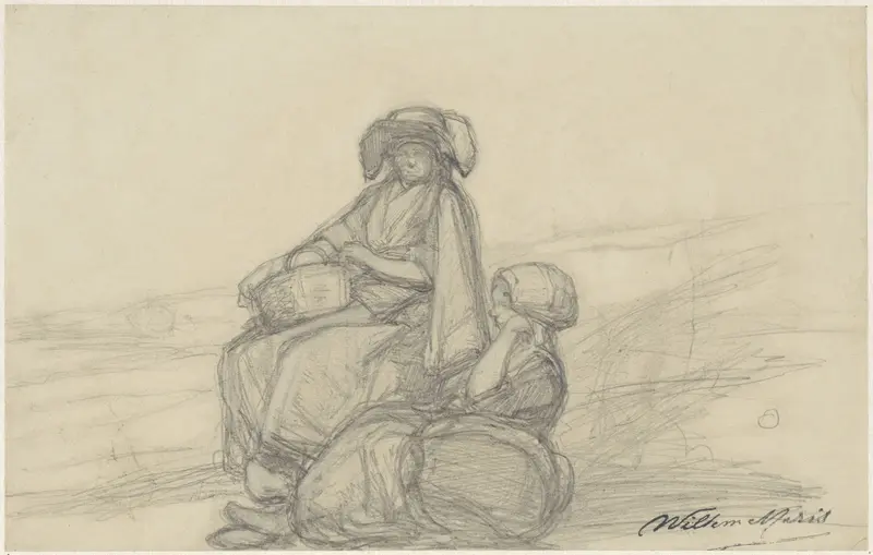 Scheveningse vissersvrouw en meisje gezeten aan het strand Wall Art by Willem Maris - High-Resolution Digital Print