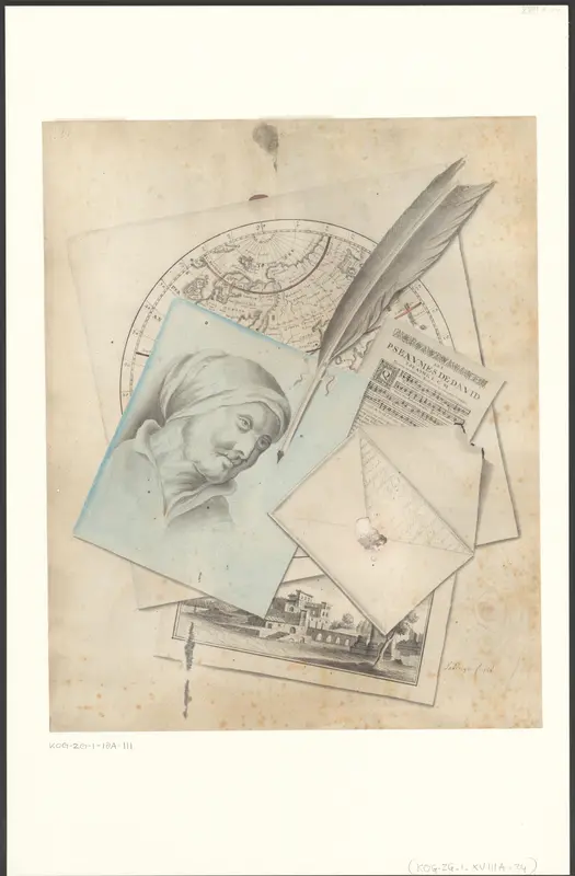 Schijnbedrieger met veer, wereldkaart en een tekening van een oude vrouw Wall Art by Unknown - High-Resolution Digital Print