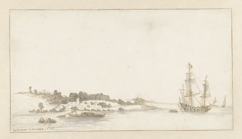Schip en enkele sloepen bij een dorp aan de kust Wall Art by Abraham de Verwer - High-Resolution Digital Print