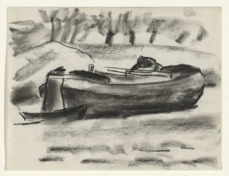 Schip met een man aan boord op het water Wall Art by Leo Gestel - High-Resolution Digital Print