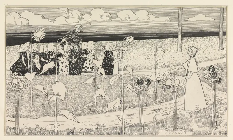 Schoolklas meisjes met begeleidsters in landschap met zonnebloemen Wall Art by C. Lapine - High-Resolution Digital Print