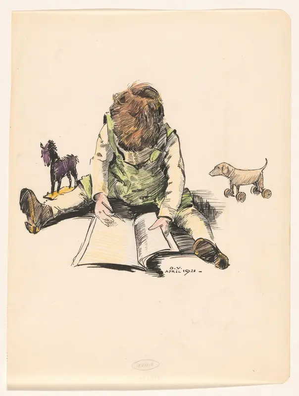Schrijvende jongen tussen speelgoed Wall Art by Unknown - High-Resolution Digital Print