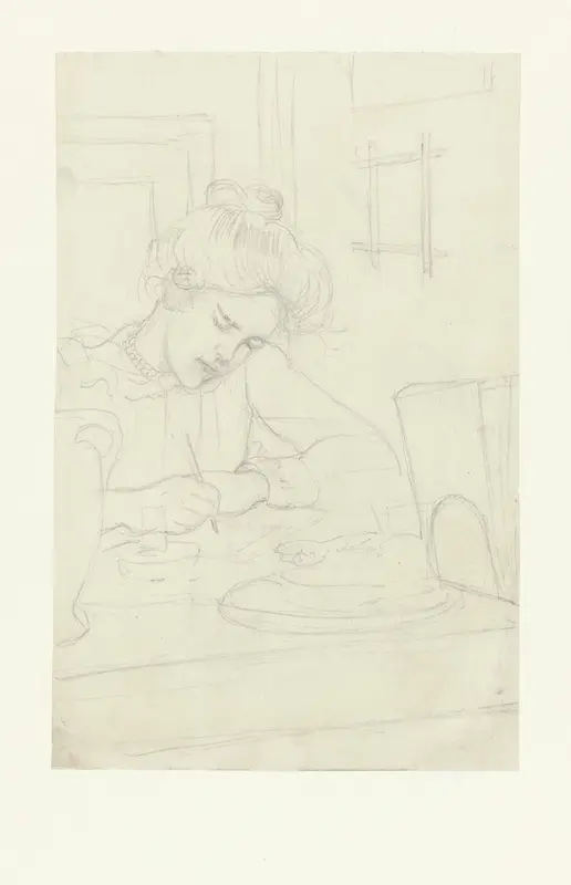 Schrijvende vrouw aan tafel