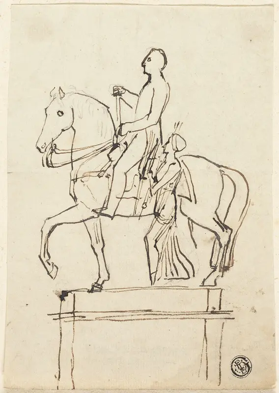 Sculpture of a Horseman Accompanied by Standing Woman Wall Art by Thomas Stothard - High-Resolution Digital Print