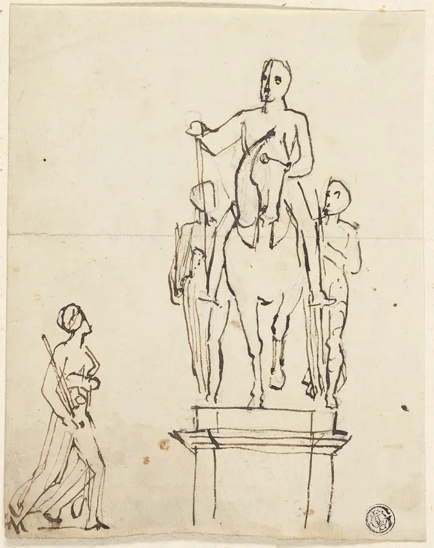 Sculpture of Horseman Accompanied by Two Standing Figures, with Sketch of One of Latter Wall Art by Thomas Stothard - High-Resolution Digital Print