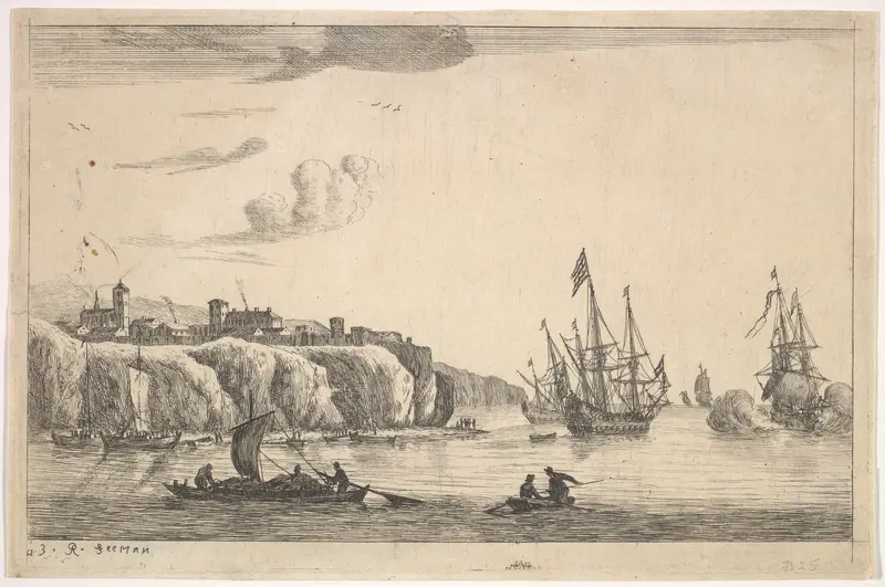 Seaport with Village on a Cliff Wall Art by Reinier Nooms, called Zeeman - High-Resolution Digital Print