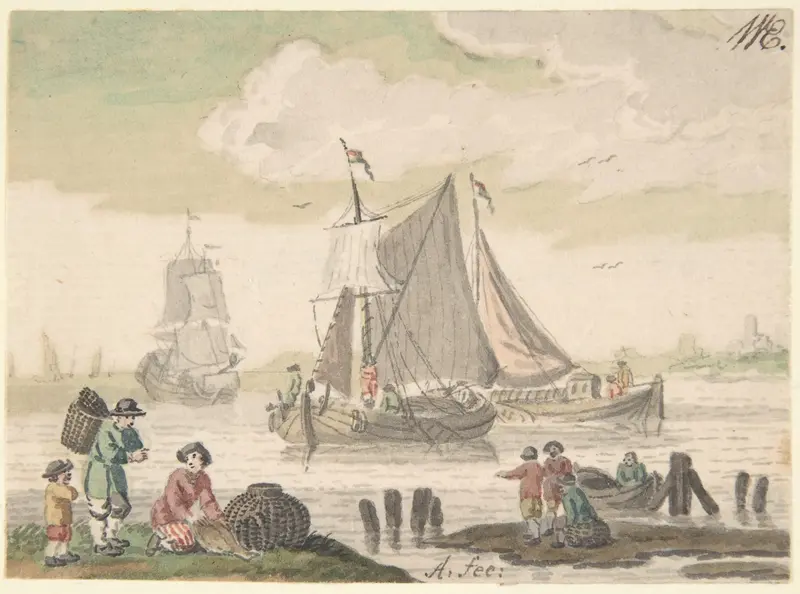 Seascape with Six Figures in the Foreground Wall Art by Nicolaas Aartman - High-Resolution Digital Print