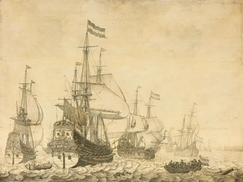 "Seascape with the Dutch Men-of-War including the "Drenthe" and the "Prince Frederick-Henry"" Wall Art by Willem van de Velde (I) - High-Resolution Digital Print