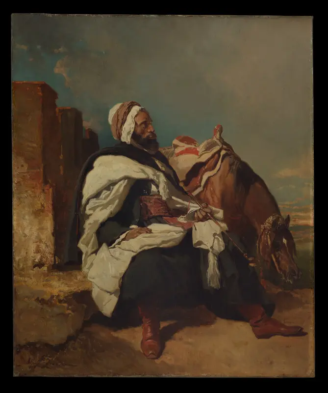 Seated Arab Man with Horse Wall Art by Alfred Dedreux - High-Resolution Digital Print
