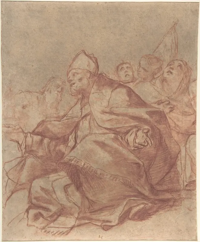 Seated Bishop with Arms Extended and Three Attendant Figures (recto); Head of a Lion and Perspective Diagrams (verso) Wall Art by Mattia Preti (Il Cavalier Calabrese) - High-Resolution Digital Print