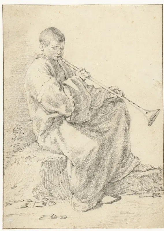 Seated Boy with a Shawm Wall Art by Cornelis Saftleven - High-Resolution Digital Print