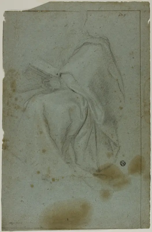 Seated Draped Male Figure with Book (recto); Two Seated Women with Sketch of Left Hand (verso) Wall Art by Domenico Fiasella - High-Resolution Digital Print