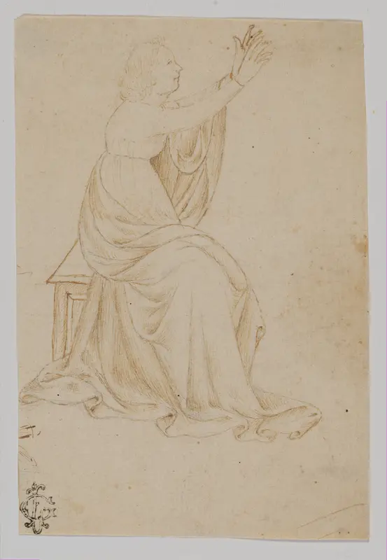 Seated Female Figure with Upraised Arms, Facing Right Wall Art by Veronese School - High-Resolution Digital Print