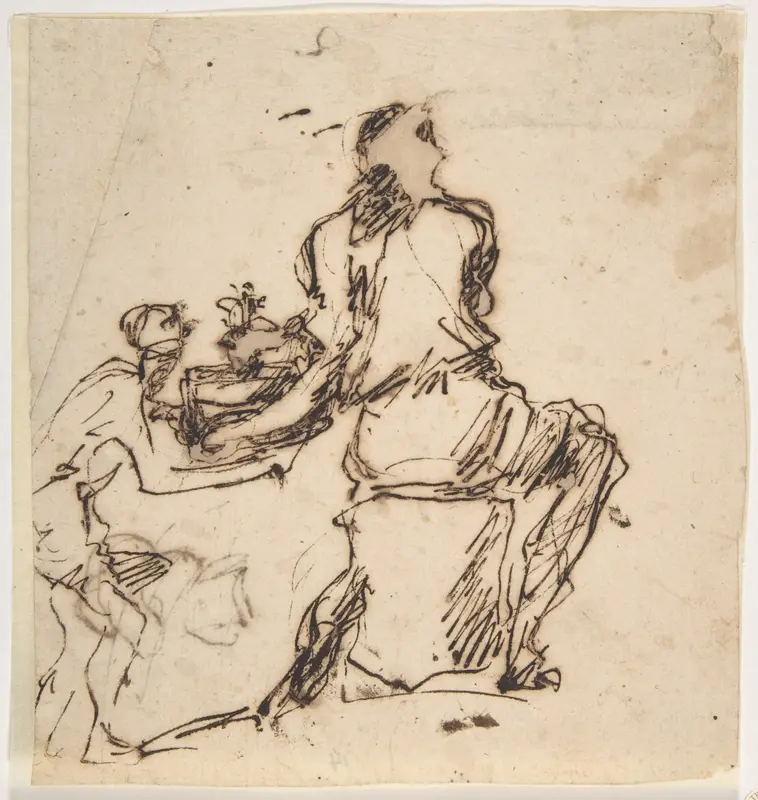 Seated Figure Receiving an Object Presented by a Smaller Figure Wall Art by Micco Spadaro (Domenico Gargiulo) - High-Resolution Digital Print