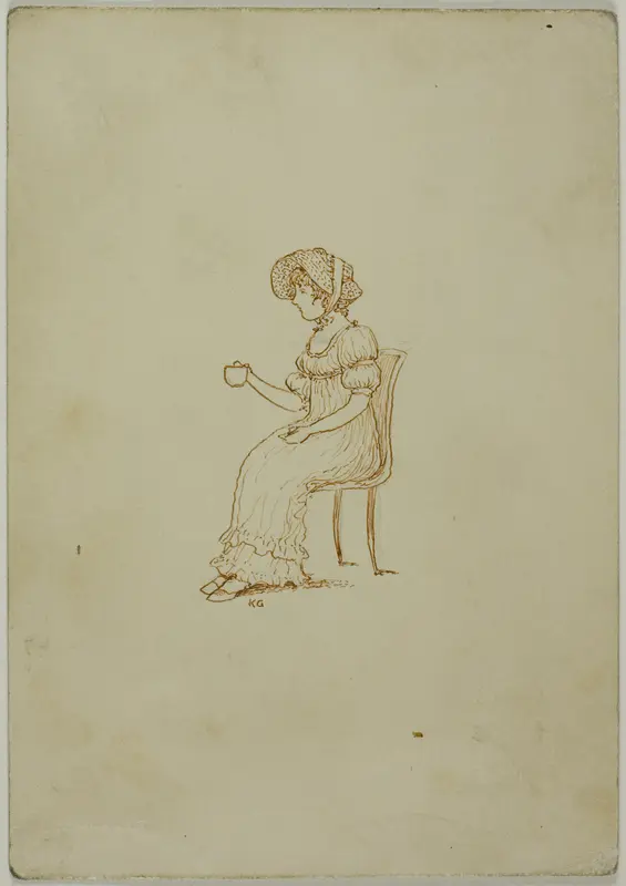 Seated Girl Holding Tea Cup Wall Art by Kate Greenaway - High-Resolution Digital Print
