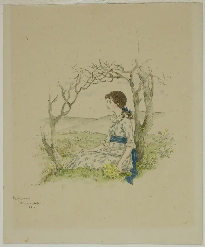 Seated Girl with Primroses Wall Art by Kate Greenaway - High-Resolution Digital Print