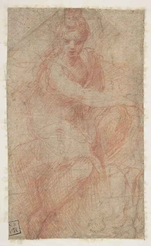 Seated Goddess Diana (recto); Studies of a Nude Male Torso Seen from the Rear, and a leg (verso) Wall Art by Parmigianino (Girolamo Francesco Maria Mazzola) - High-Resolution Digital Print