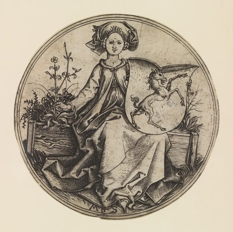 Seated Lady Holding a Shield with an Unicorn Wall Art by Martin Schongauer - High-Resolution Digital Print
