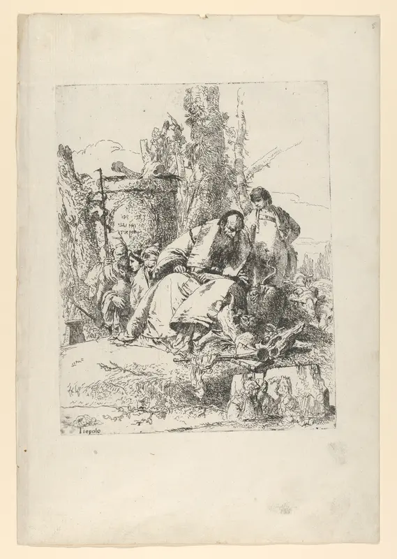 Seated magician, boy and four figures from the Scherzi di Fantasia Wall Art by Giovanni Battista Tiepolo - High-Resolution Digital Print