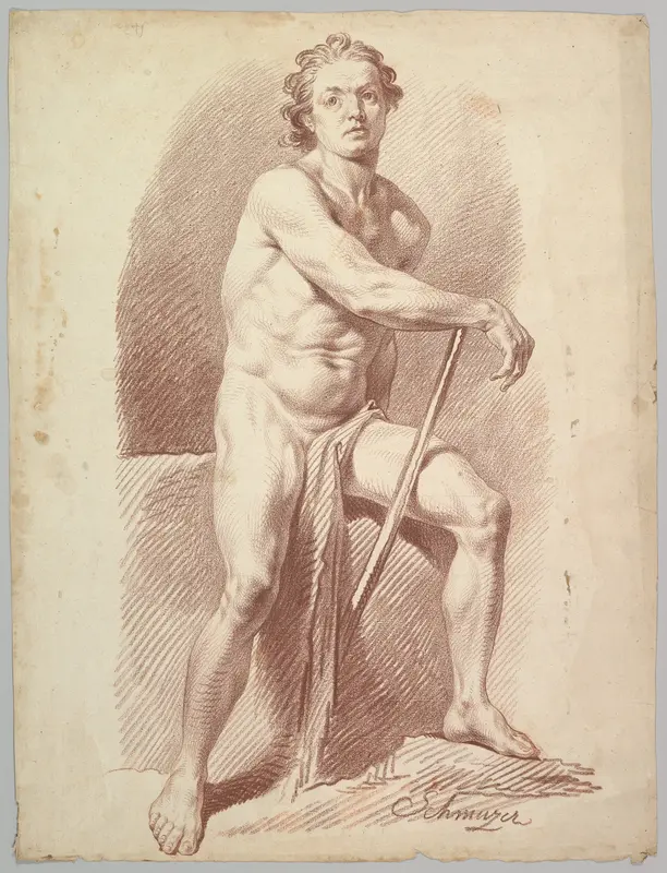 Seated Male Nude Resting on a Stick Wall Art by Jakob Matthias Schmutzer - High-Resolution Digital Print