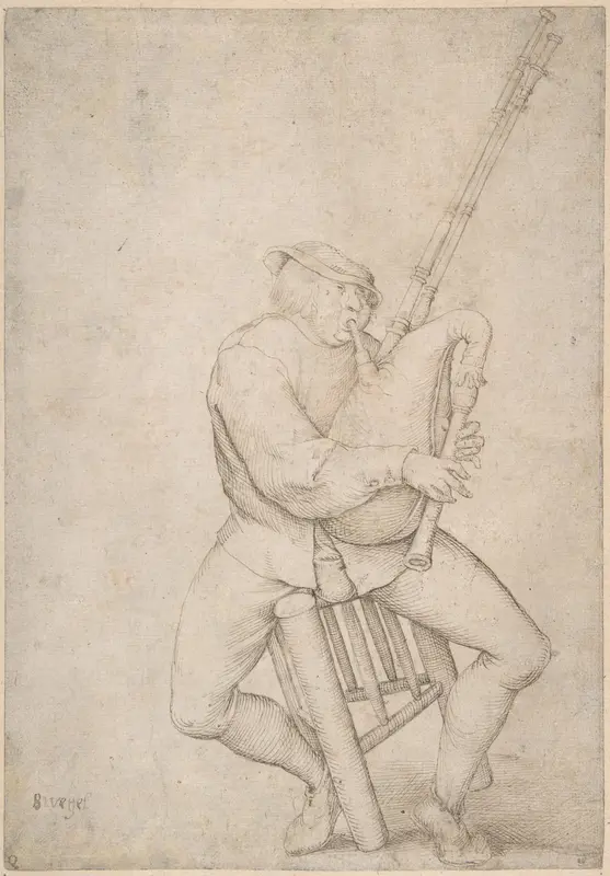 Seated Man, Precariously Balanced, Playing Bagpipes Wall Art by Anonymous, Netherlandish, 16th century - High-Resolution Digital Print