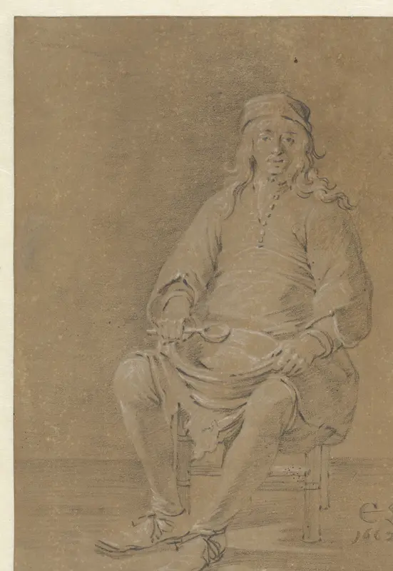 Seated Man with a Bowl and a Spoon in his Lap Wall Art by Cornelis Saftleven - High-Resolution Digital Print