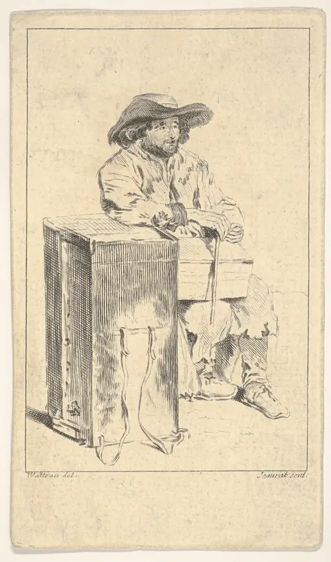 Seated man with box in his lap, he rests his right elbow on a taller box Wall Art by Edmé Jeaurat - High-Resolution Digital Print