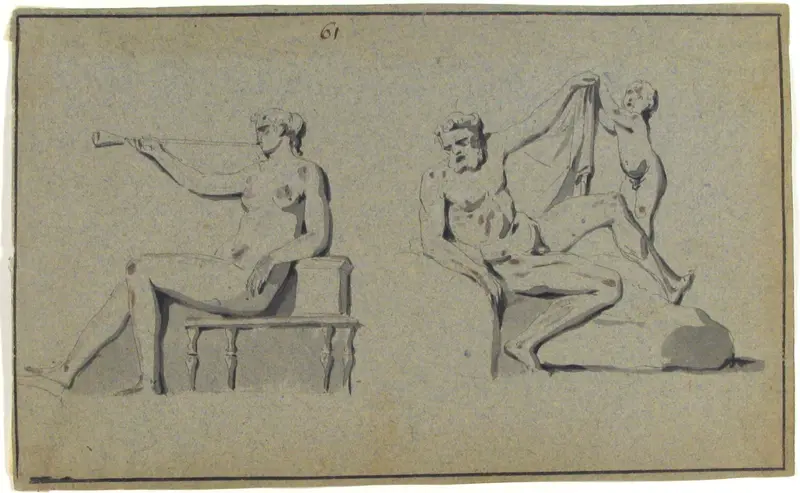 Seated Nude Female with Horn and Seated Nude Male with Cupid Wall Art by Anonymous, French, 18th century - High-Resolution Digital Print